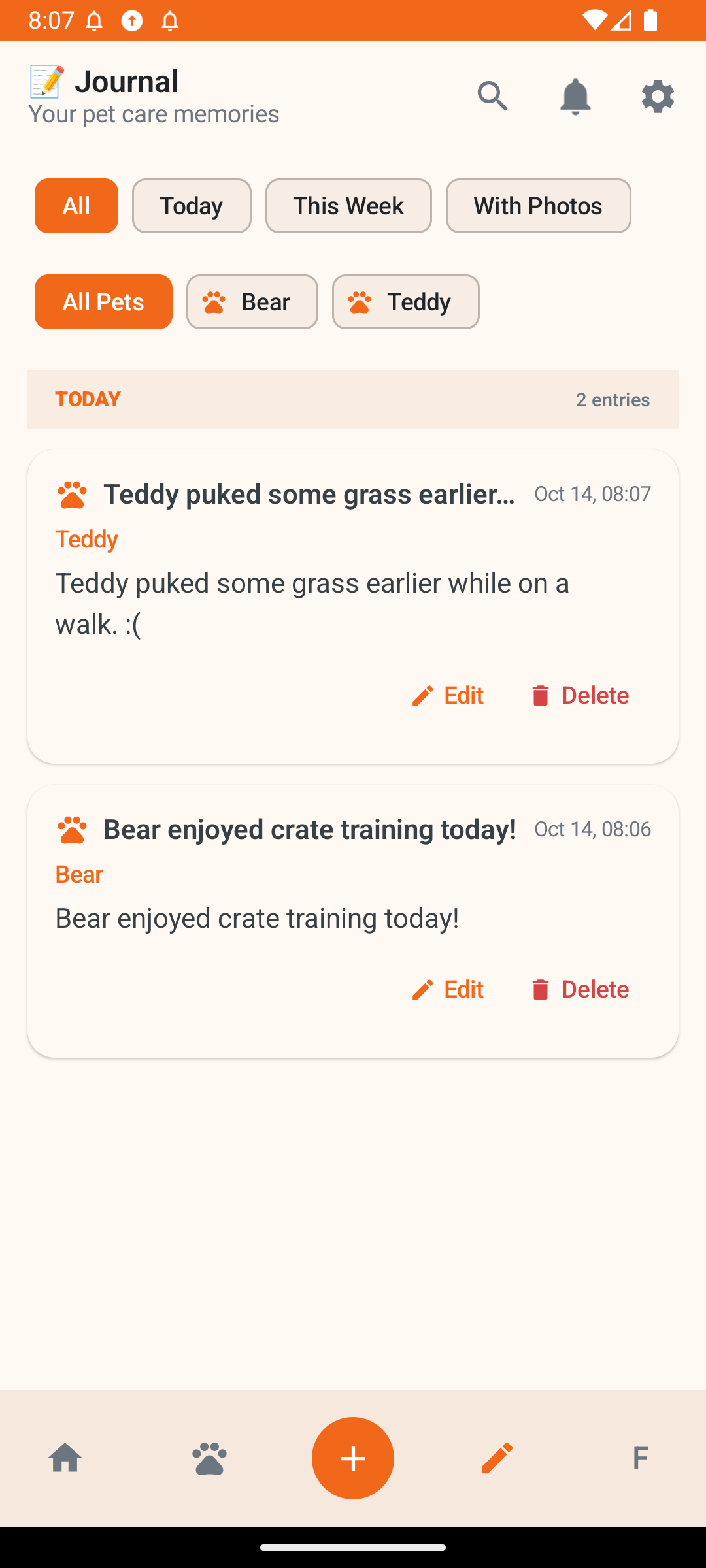 Pawstify journal page showing pet health tracking and daily routine management